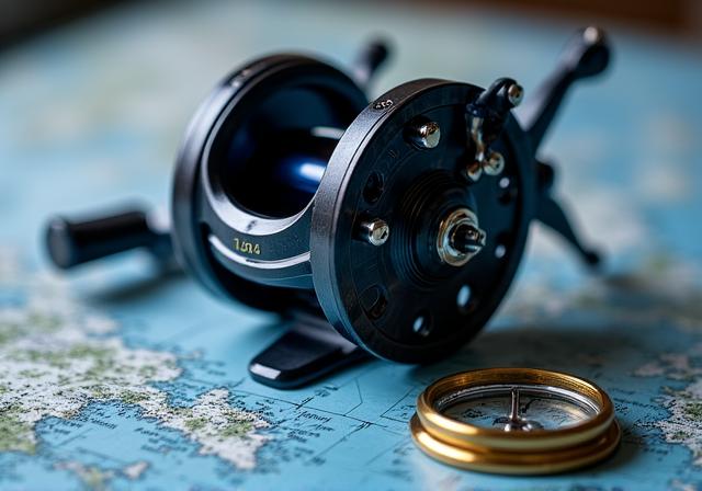 Close-up of high-precision fishing reel and marine charts