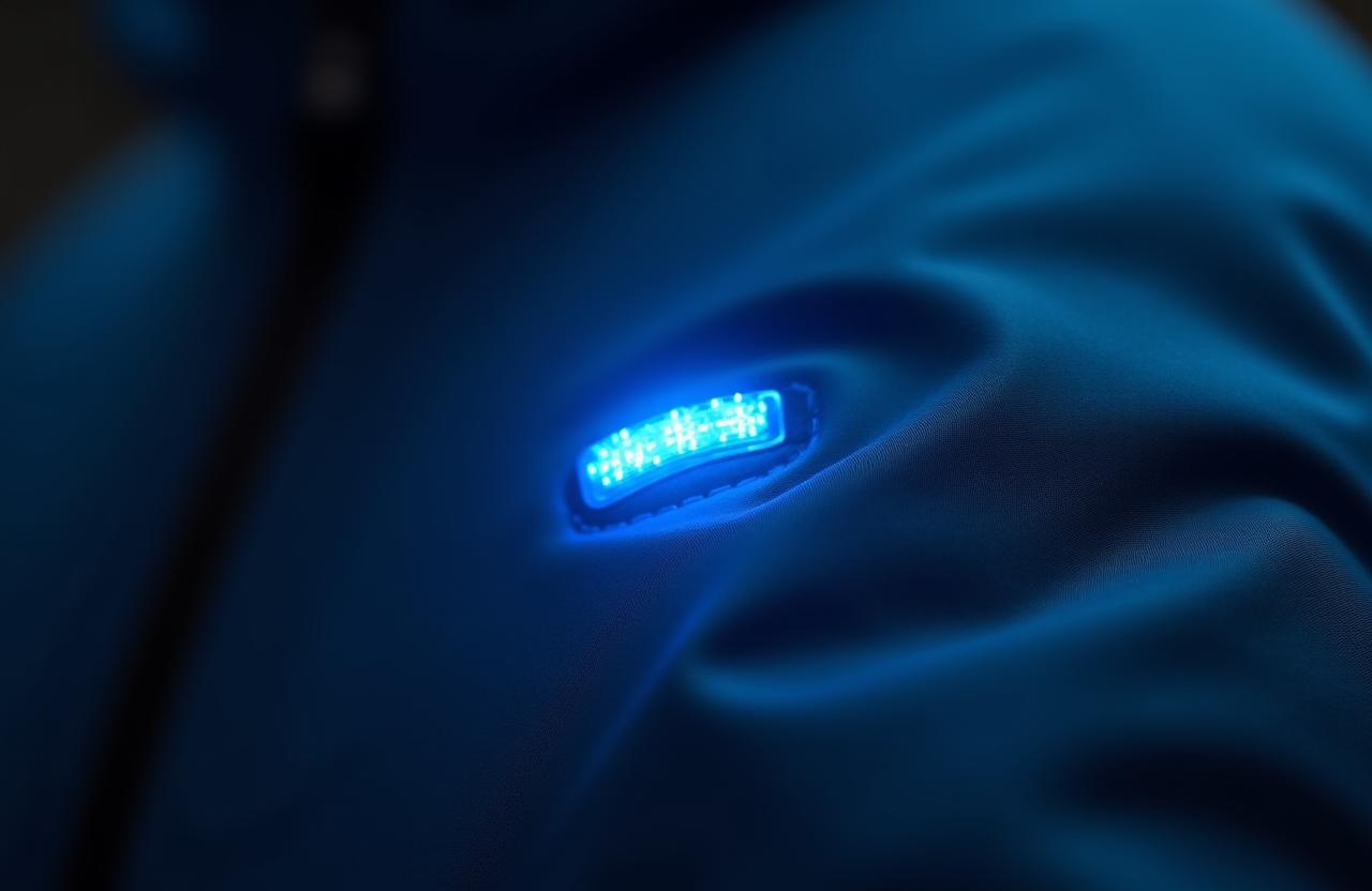 Close up of technical maritime jacket fabric with smart sensor interface