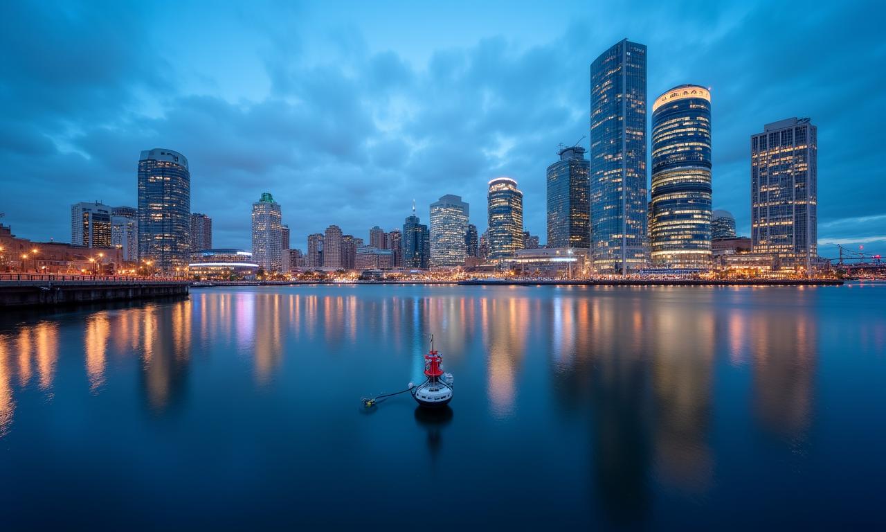 Panoramic view of Boston Seaport waters at dawn with meteorological sensors