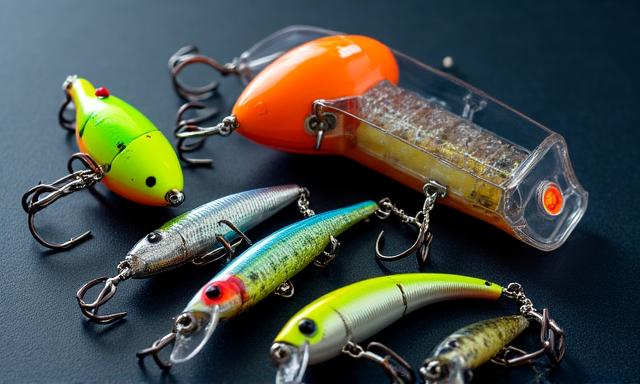 Selection of high-tech fishing lures and aerated bait equipment