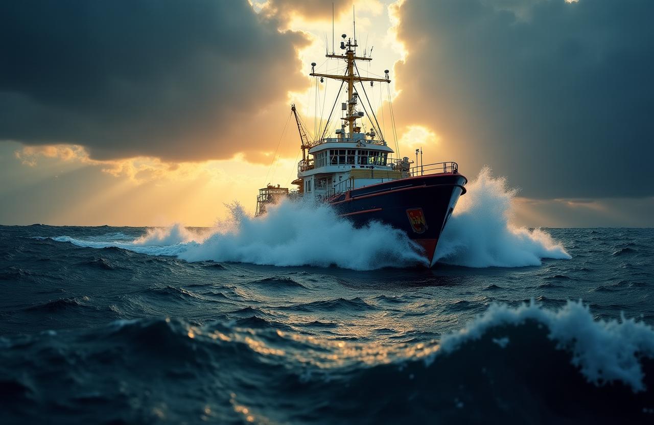 Saltwater fishing vessel navigating a dramatic storm front